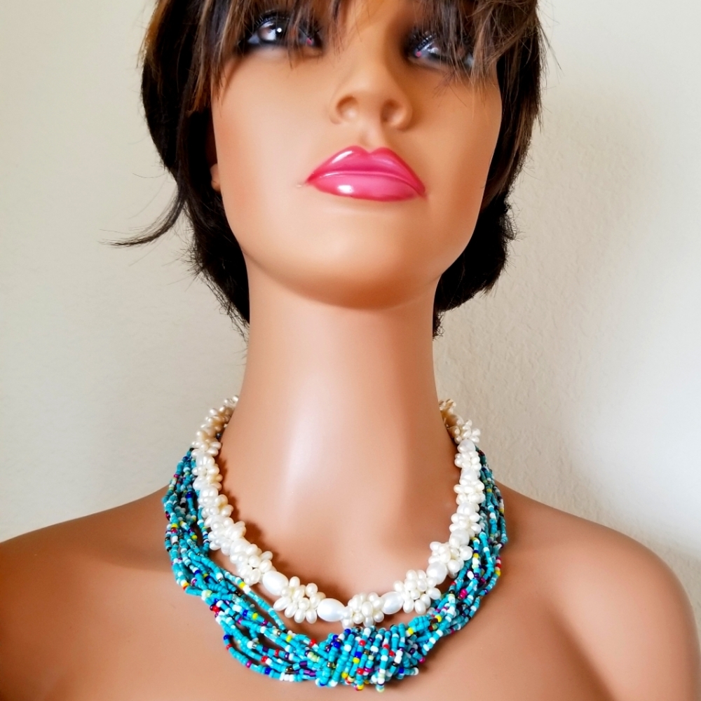 Bundle Summer Necklaces. Faux Pearl w/SS 925 Clasp & Blue Seed Bead Choker